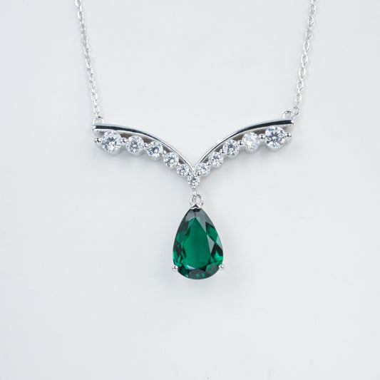 S925 Sterling Silver Lab Emerald V-Shape Teardrop Choker Necklace, Designer - Photo 5