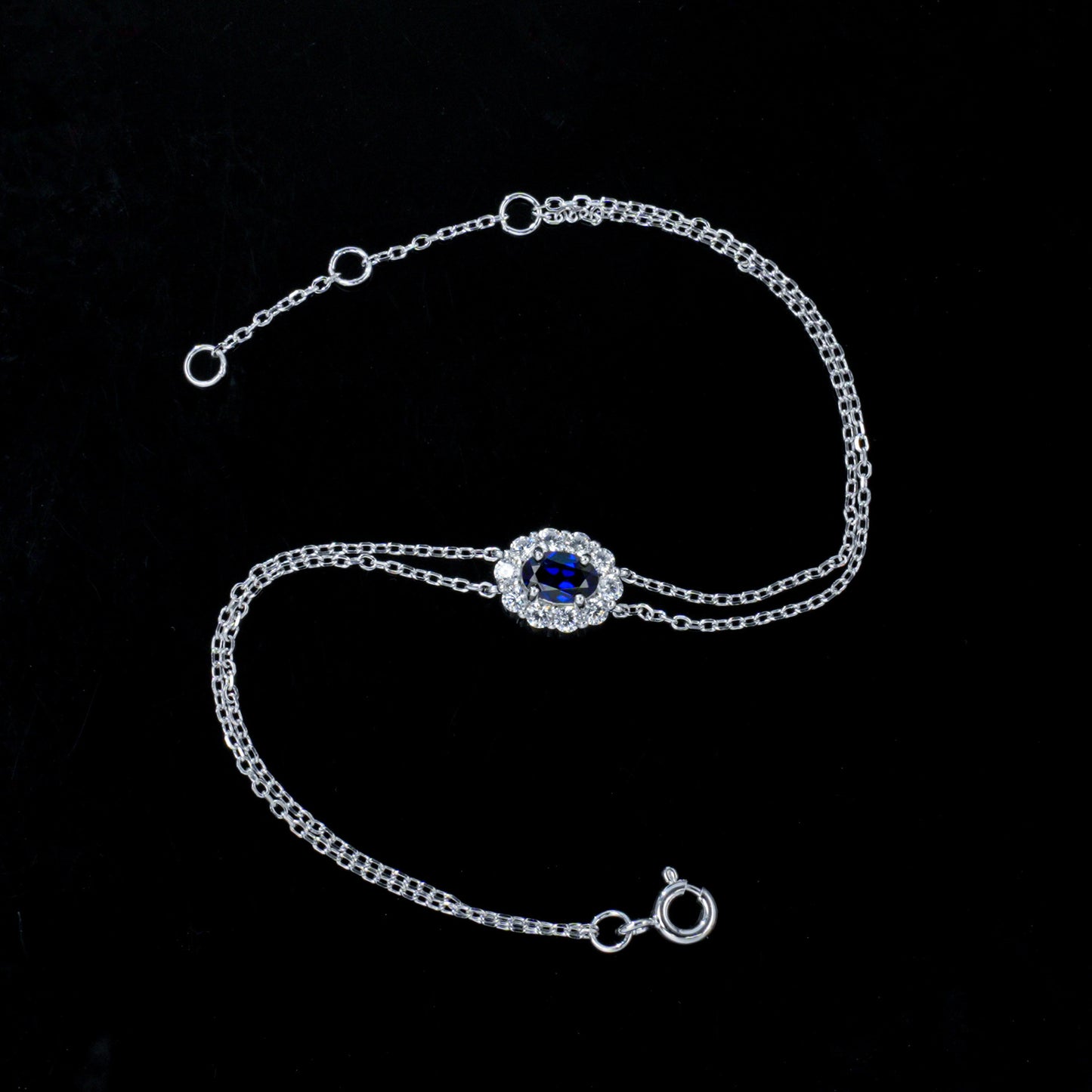 S925 Silver Double-Layer Slim Chain Oval Lab Sapphire Diana Halo Bracelet, Versatile Slim - Photo 4