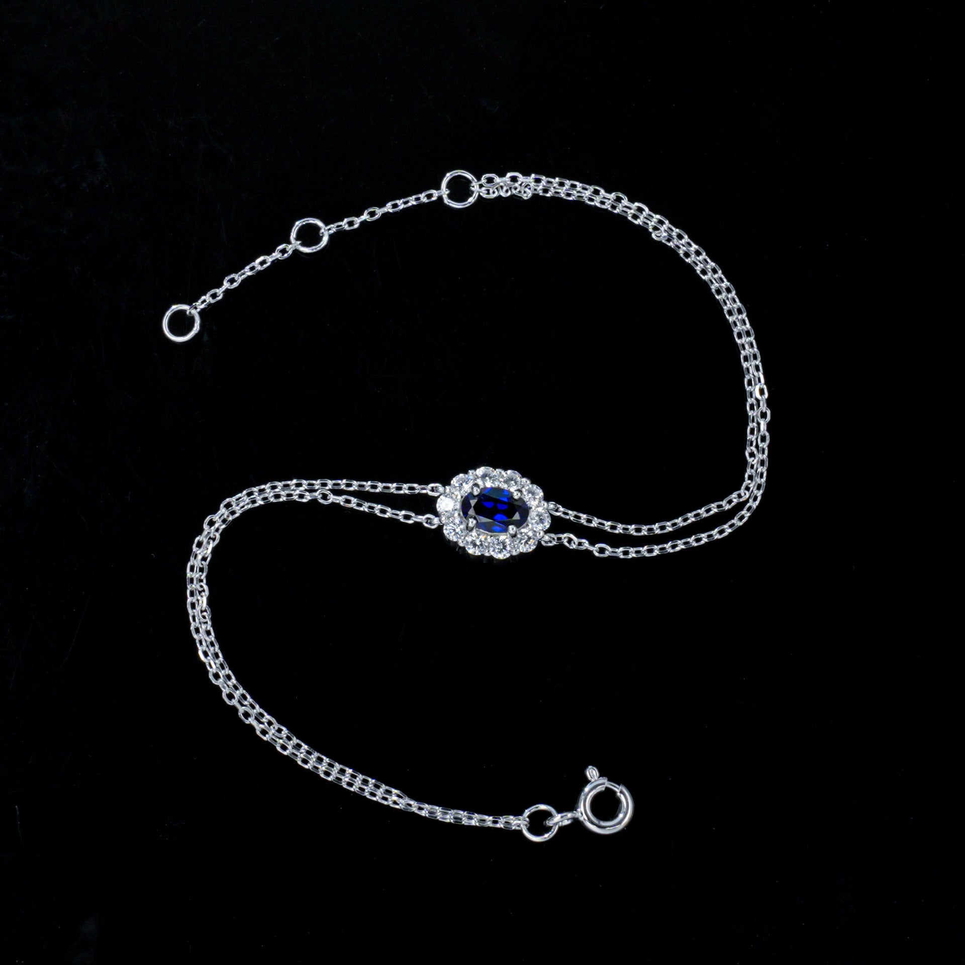 S925 Silver Double-Layer Slim Chain Oval Lab Sapphire Diana Halo Bracelet, Versatile Slim - Photo 4