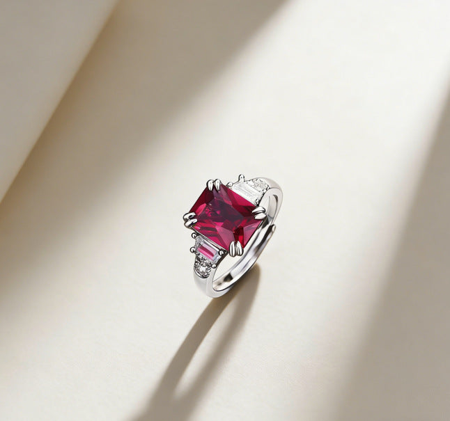 S925 Sterling Silver Lab Pigeon Blood Ruby Emerald-Cut Ring, Premium for Women - Photo 6