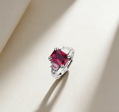 S925 Sterling Silver Lab Pigeon Blood Ruby Emerald-Cut Ring, Premium for Women - Photo 6