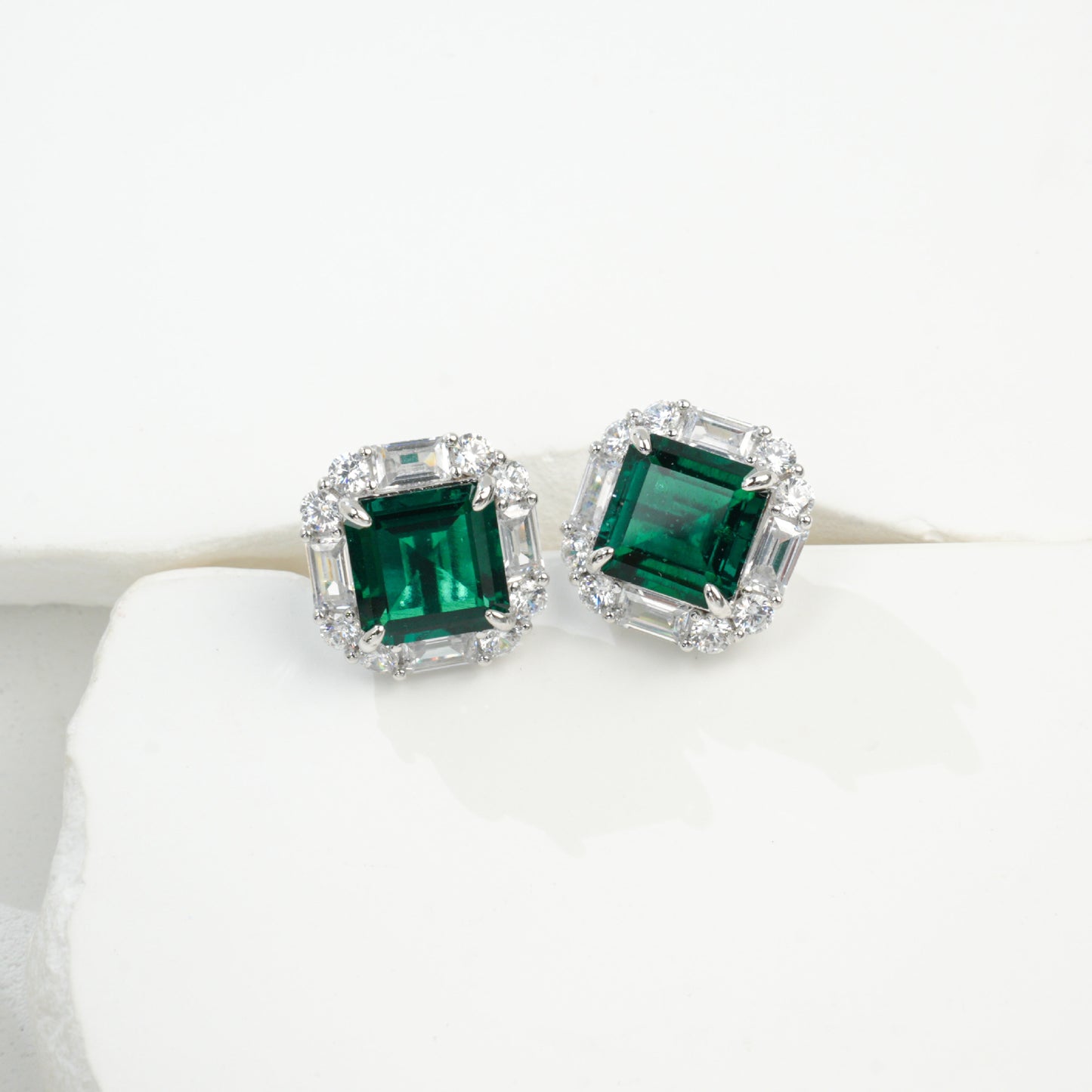 S925 Silver Lab Emerald Stud Earrings Double-Layer Full Diamond Halo, Anniversary Versatile - Photo 6