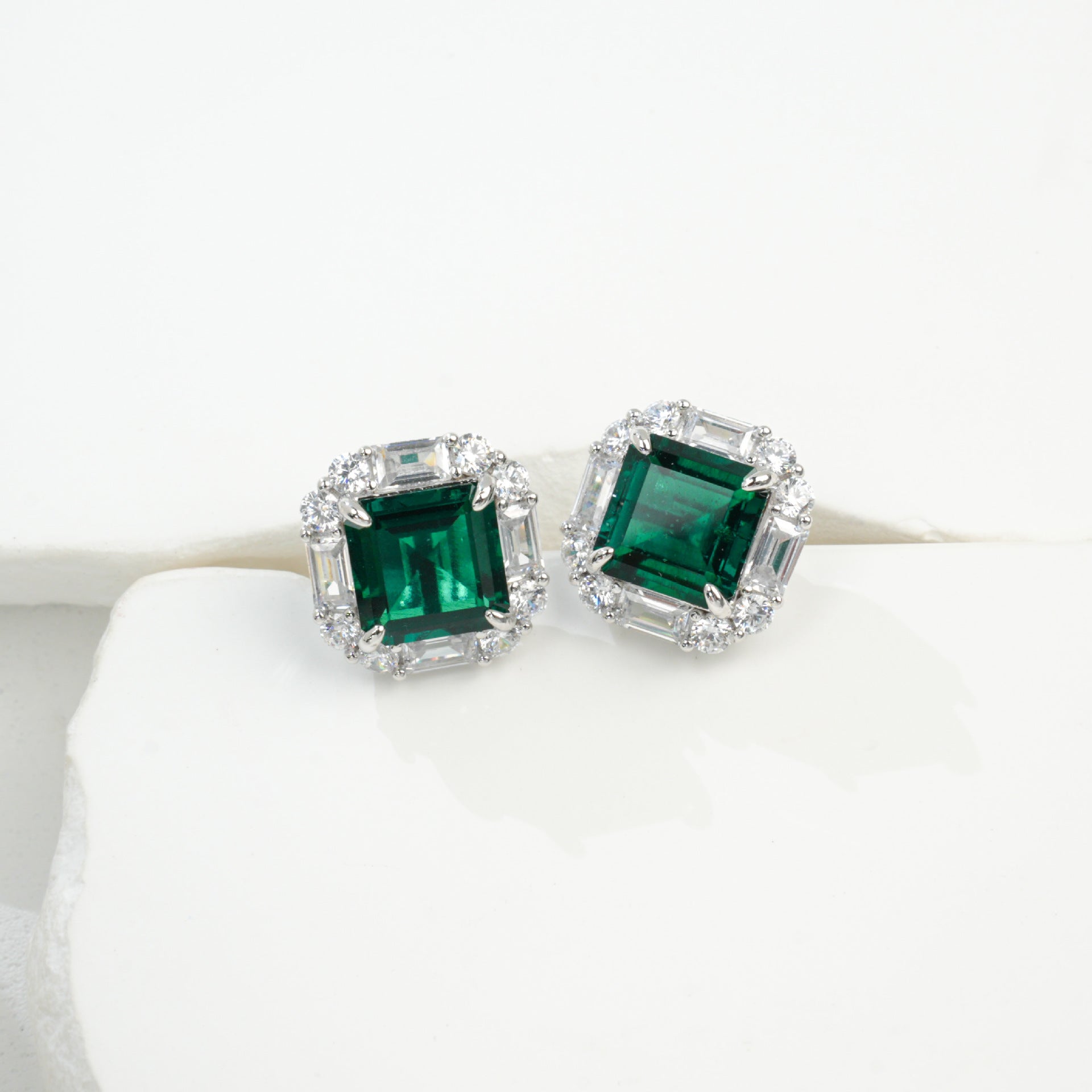 S925 Silver Lab Emerald Stud Earrings Double-Layer Full Diamond Halo, Anniversary Versatile - Photo 6
