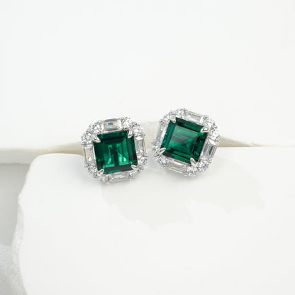 S925 Silver Lab Emerald Stud Earrings Double-Layer Full Diamond Halo, Anniversary Versatile - Photo 6
