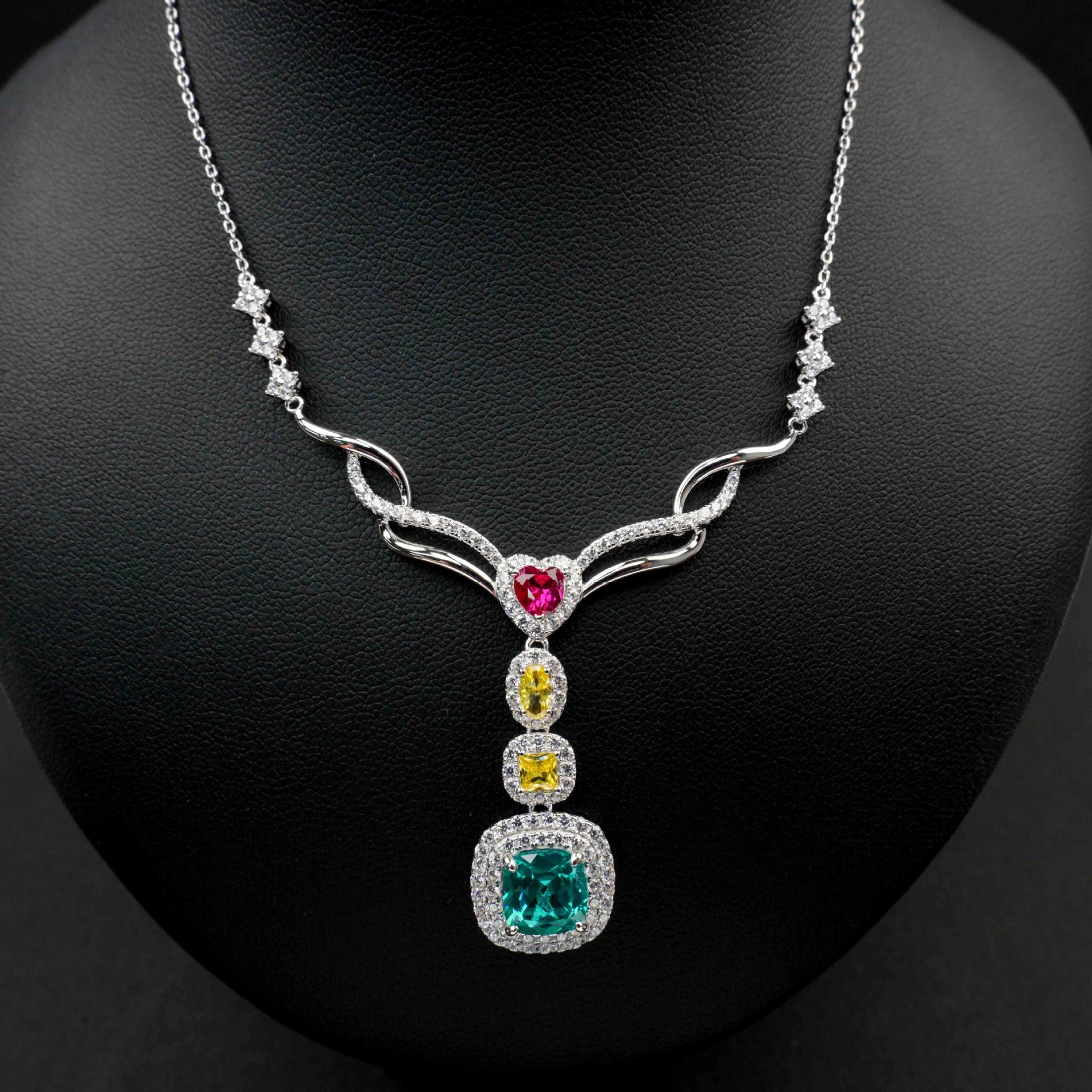 S925 Sterling Silver Emerald-Cut Gemstone Micro-Pave Pendant Choker Necklace, Versatile - Photo 4