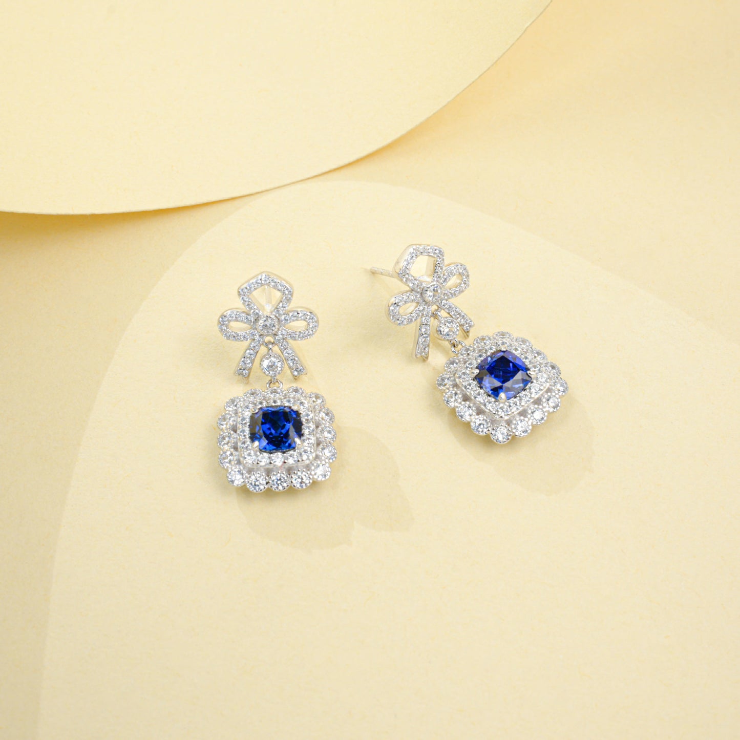 S925 Silver Full Diamond Bow Drop Earrings, Square Halo Lab - Photo 2