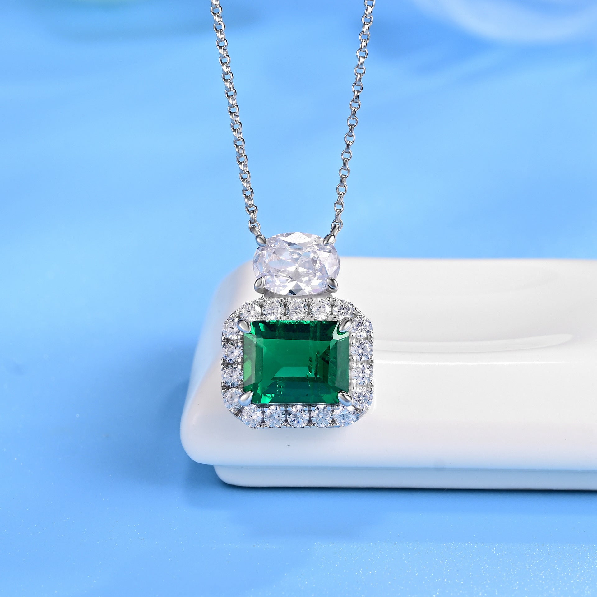 S925 Silver Necklace Emerald Pendant Diamond Chain, Premium Skin-Brightening Chain - Photo 3