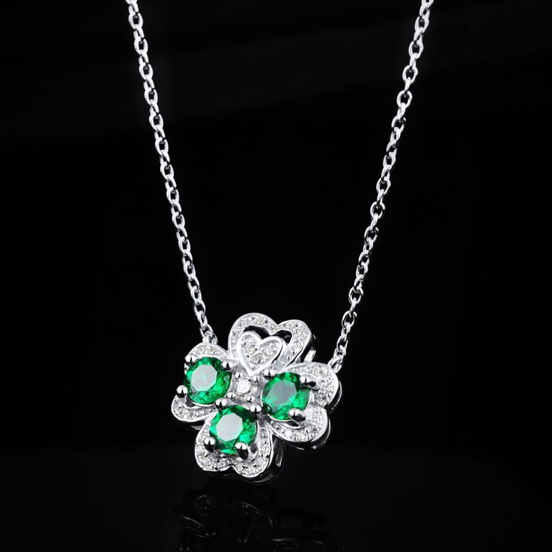 S925 Sterling Silver Lab Emerald Four-Leaf Clover Necklace, Fresh Versatile - Photo 4