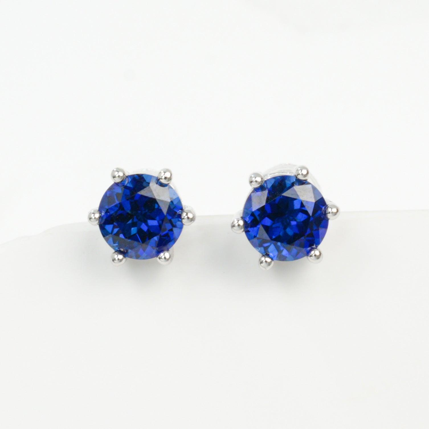 S925 Sterling Silver 6-Claw Lab Sapphire Earrings, Royal Blue Gemstone - Photo 6