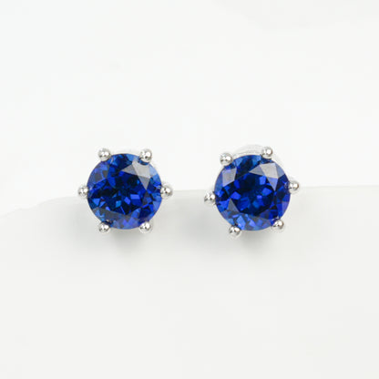 S925 Sterling Silver 6-Claw Lab Sapphire Earrings, Royal Blue Gemstone - Photo 6