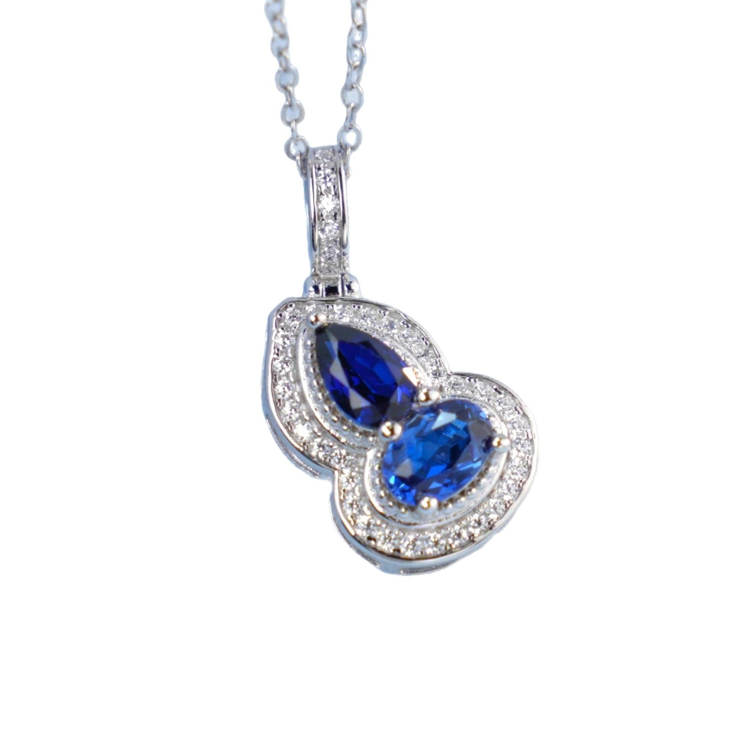 S925 Sterling Silver Lab Sapphire Gourd Halo Pendant Choker, Designer - Photo 5
