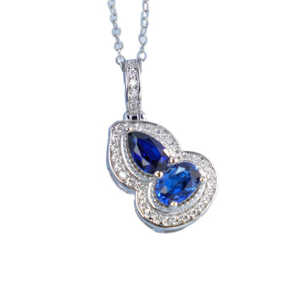 S925 Sterling Silver Lab Sapphire Gourd Halo Pendant Choker, Designer - Photo 5