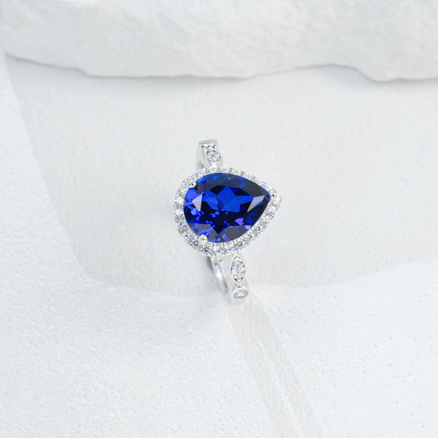 Teardrop Royal Blue Sapphire Ring 925 Silver Diamond Design, Premium Proposal Engagement - Photo 5
