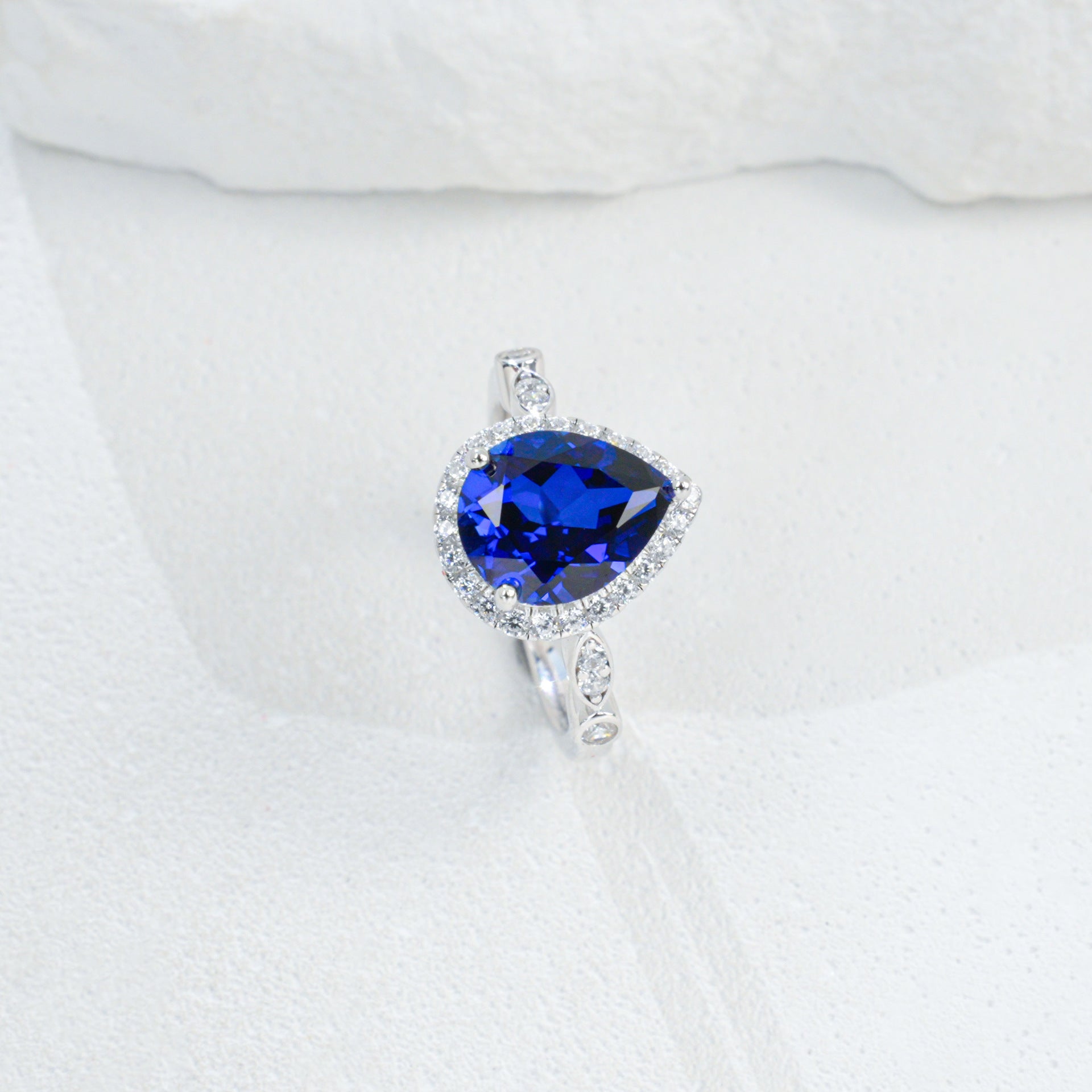 Teardrop Royal Blue Sapphire Ring 925 Silver Diamond Design, Premium Proposal Engagement - Photo 5