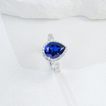 Teardrop Royal Blue Sapphire Ring 925 Silver Diamond Design, Premium Proposal Engagement - Photo 5