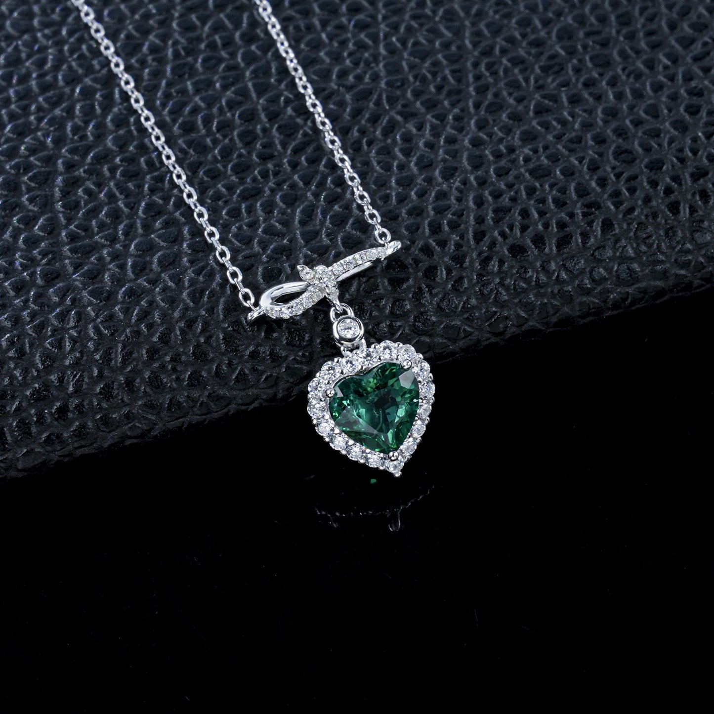 S925 Silver Heart Lab Emerald Full Diamond Halo Necklace, Premium - Photo 2