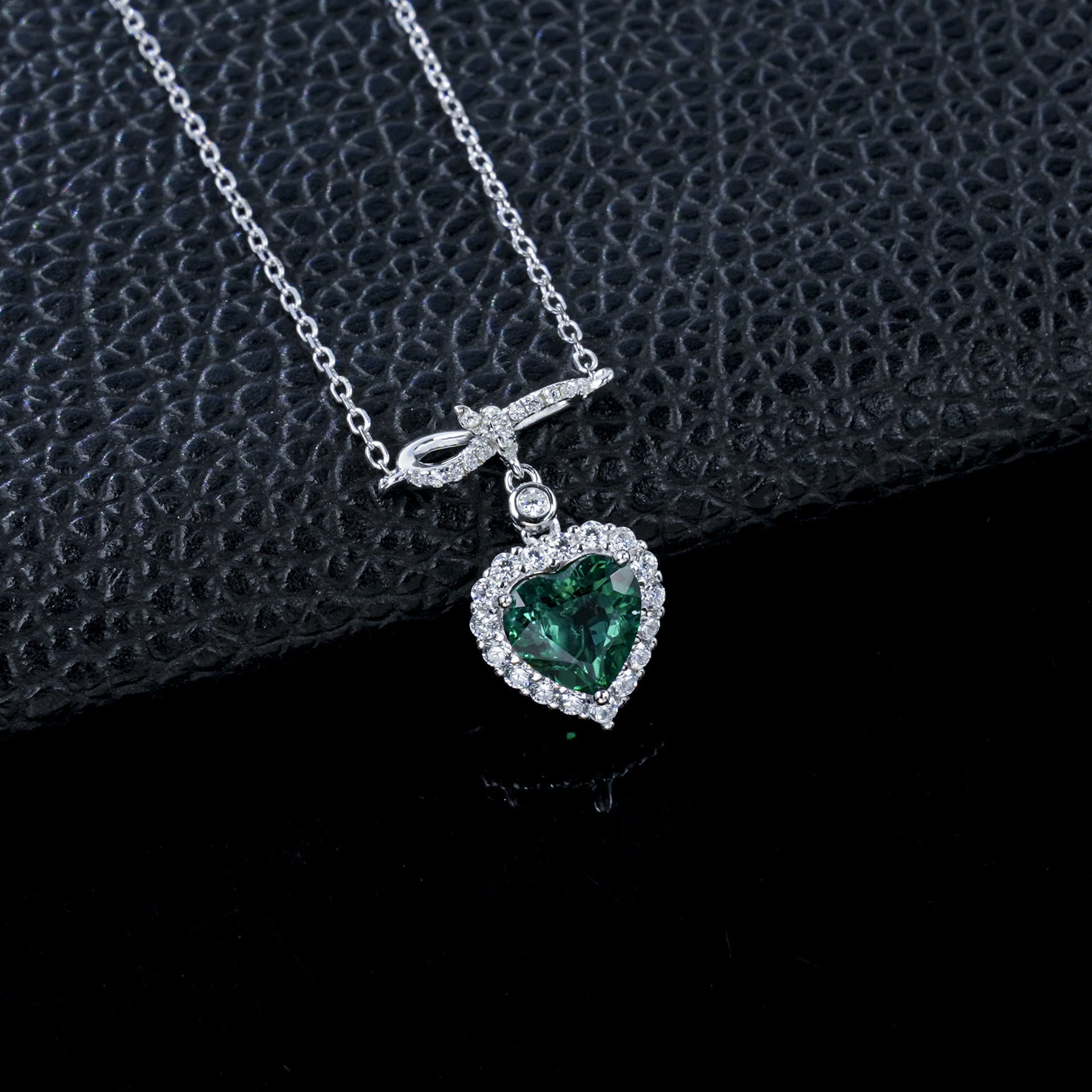 S925 Silver Heart Lab Emerald Full Diamond Halo Necklace, Premium - Photo 2