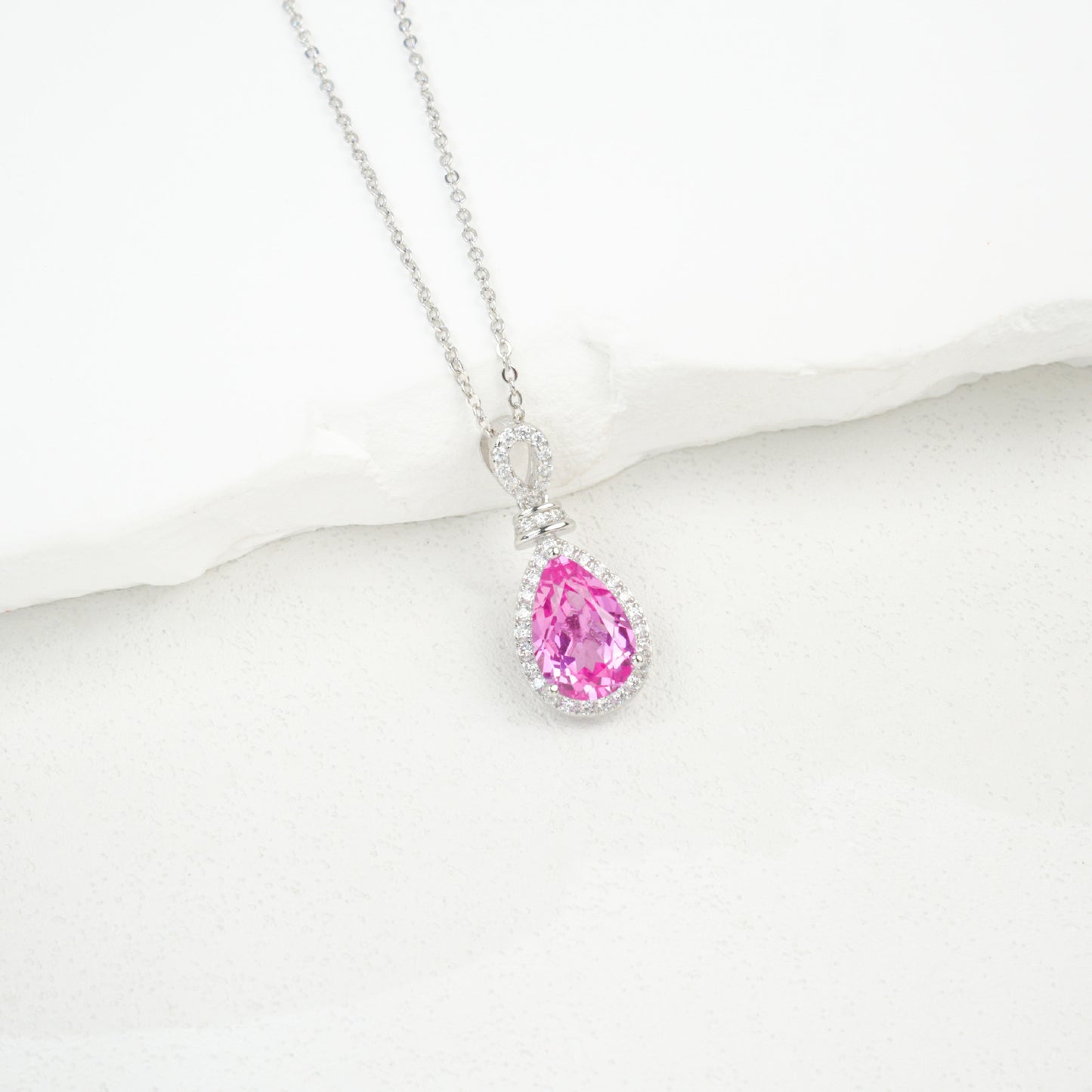 S925 Sterling Silver Lab Padparadscha Teardrop Halo Necklace, Date Premium for Women - Photo 4
