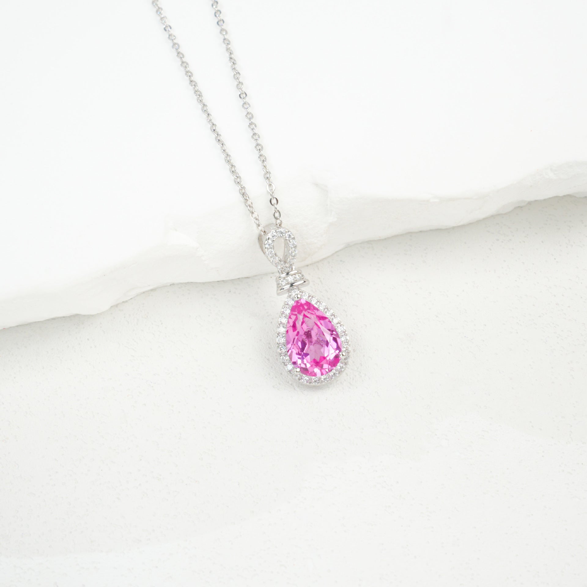 S925 Sterling Silver Lab Padparadscha Teardrop Halo Necklace, Date Premium for Women - Photo 4