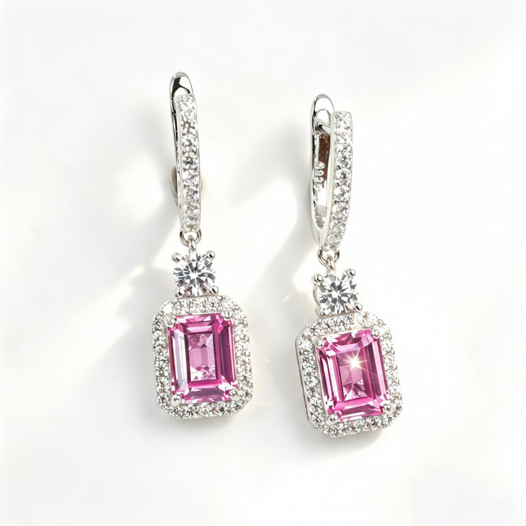 S925 Sterling Silver Lab Padparadscha Square Emerald-Cut Drop Earrings, Vintage Versatile - Photo 1