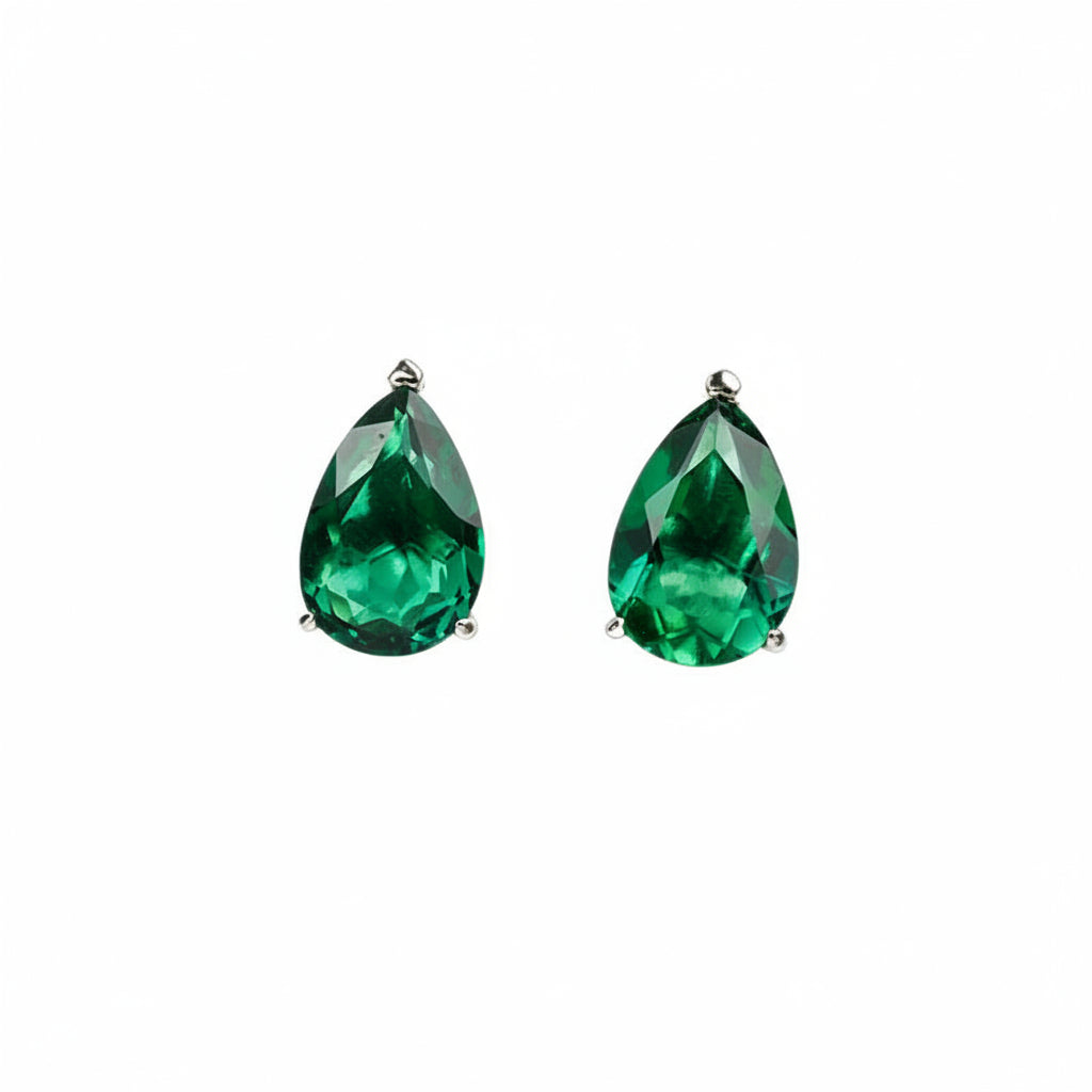 S925 Sterling Silver Lab Emerald Teardrop Earrings, Minimalist - Photo 1