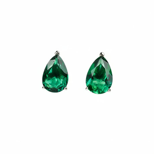 S925 Sterling Silver Lab Emerald Teardrop Earrings, Minimalist - Photo 1