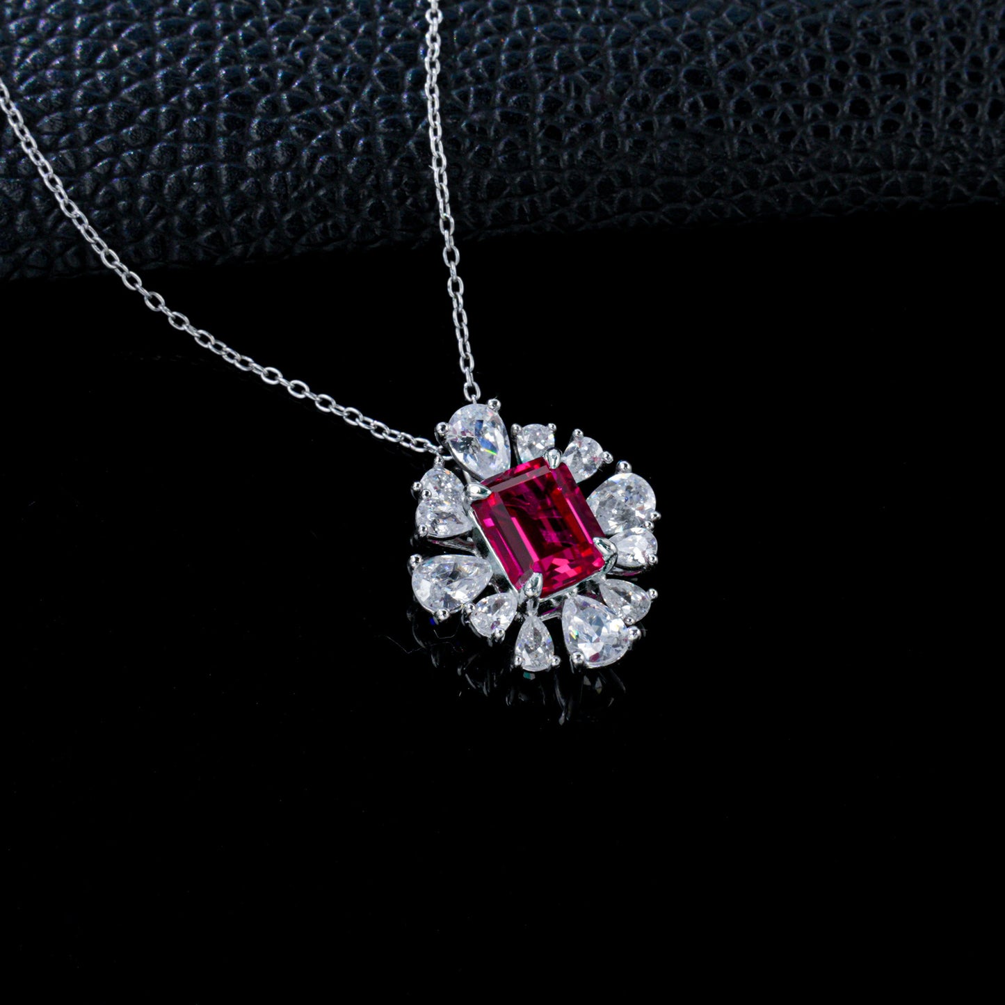 Flower Halo Pendant S925 Silver Pigeon Blood Ruby Centre Teardrop Stone Radiant Prong, Evening Gift - Photo 3