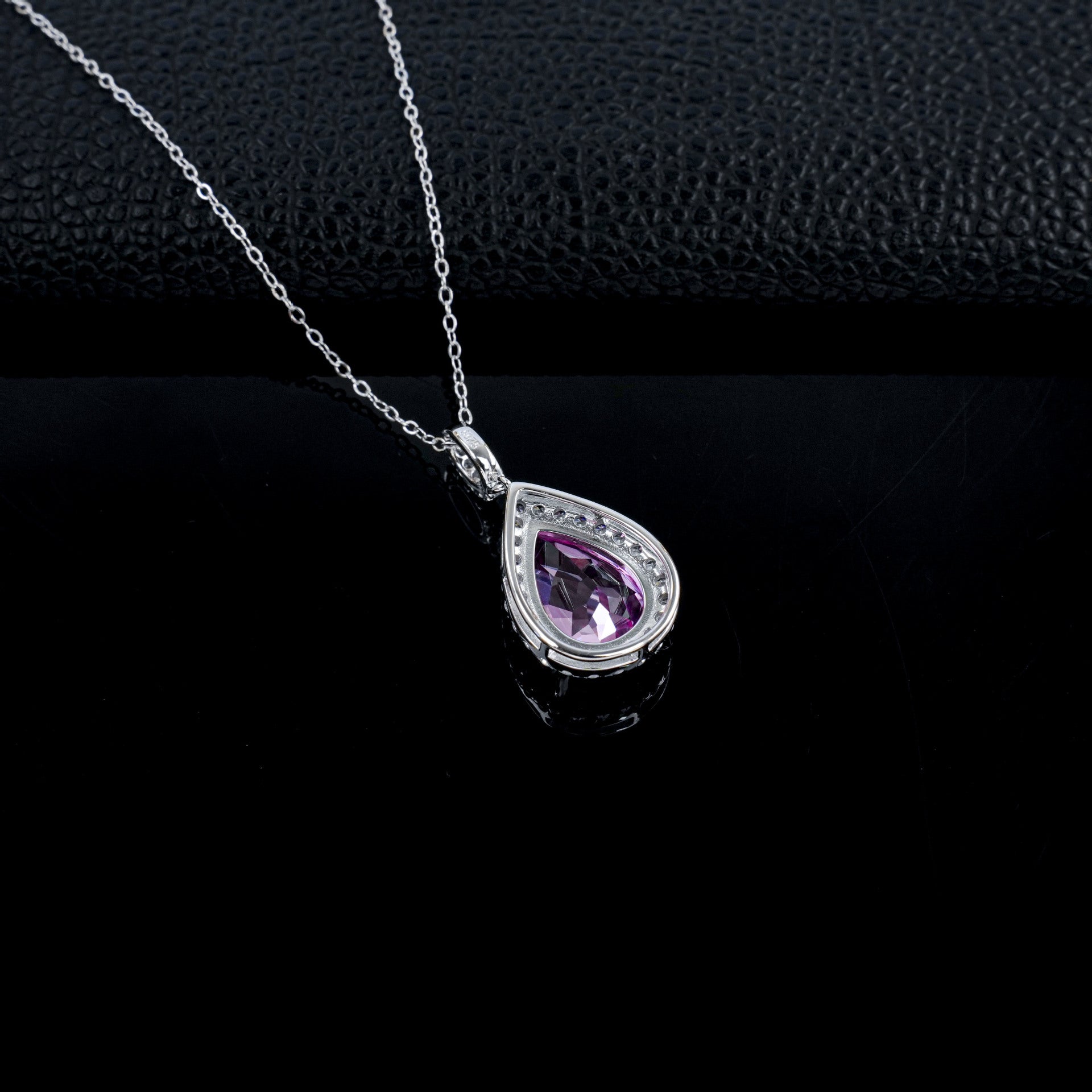 S925 Silver Pear Teardrop Lab Pink Gemstone Halo Necklace, Evening Pendant Birthday - Photo 4