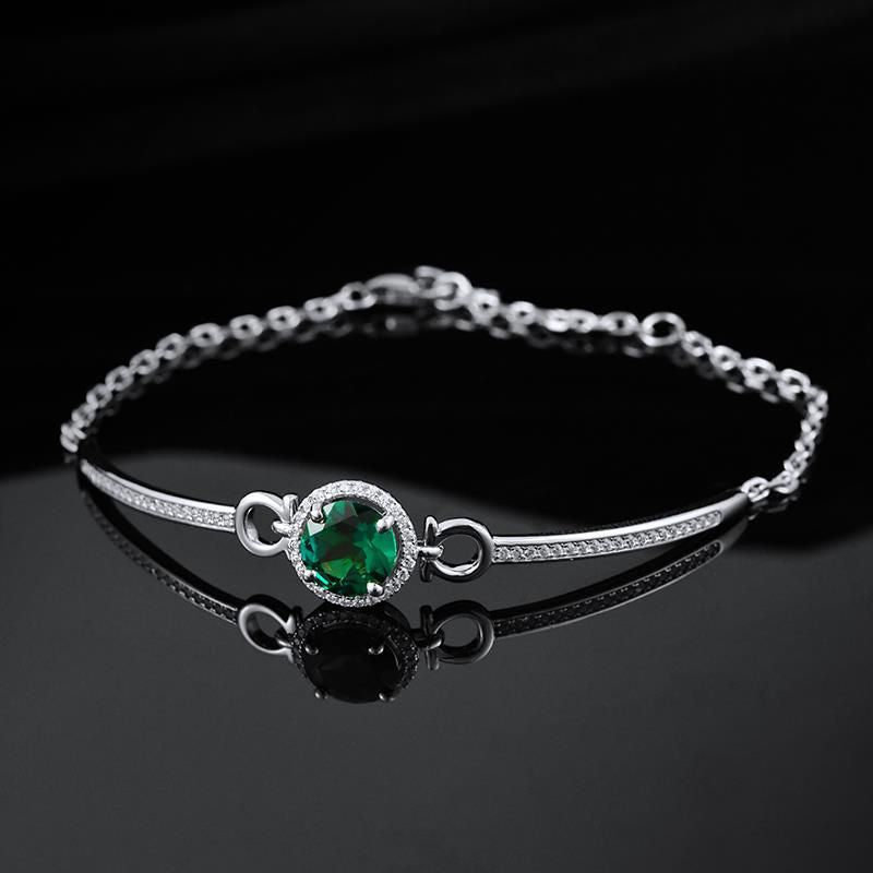 S925 Sterling Silver Round Halo Emerald Bracelet, Simple Versatile - Photo 4