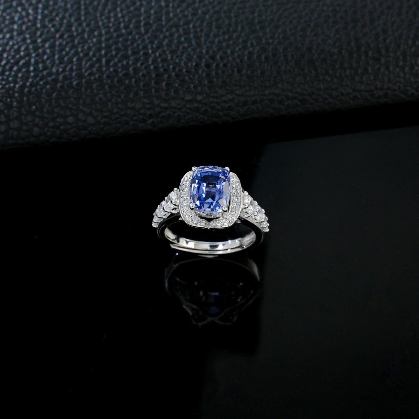 S925 Sterling Silver Cornflower Lab Sapphire Halo Adjustable Open Ring, Vintage Premium - Photo 2