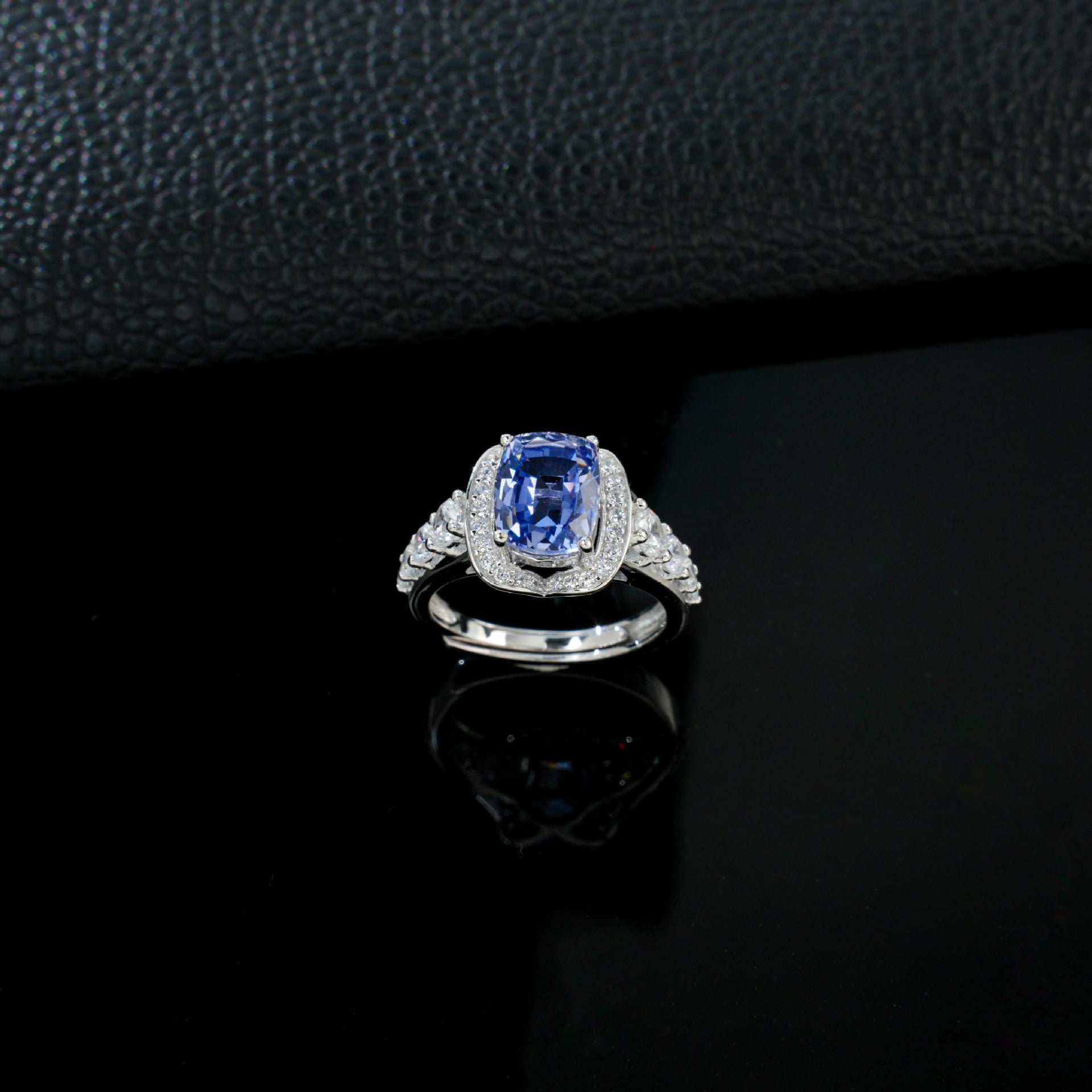 S925 Sterling Silver Cornflower Lab Sapphire Halo Adjustable Open Ring, Vintage Premium - Photo 2