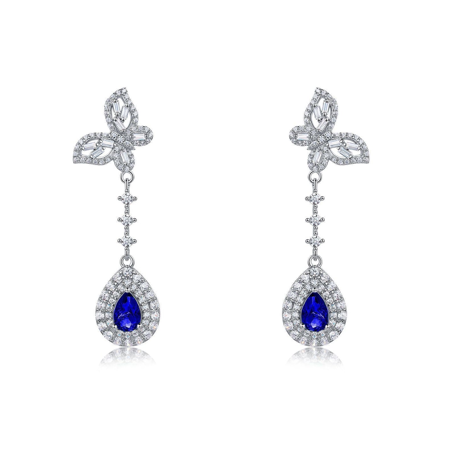 Lab Sapphire S925 Silver Butterfly Stud Earrings, Vintage Premium Princess - Photo 5