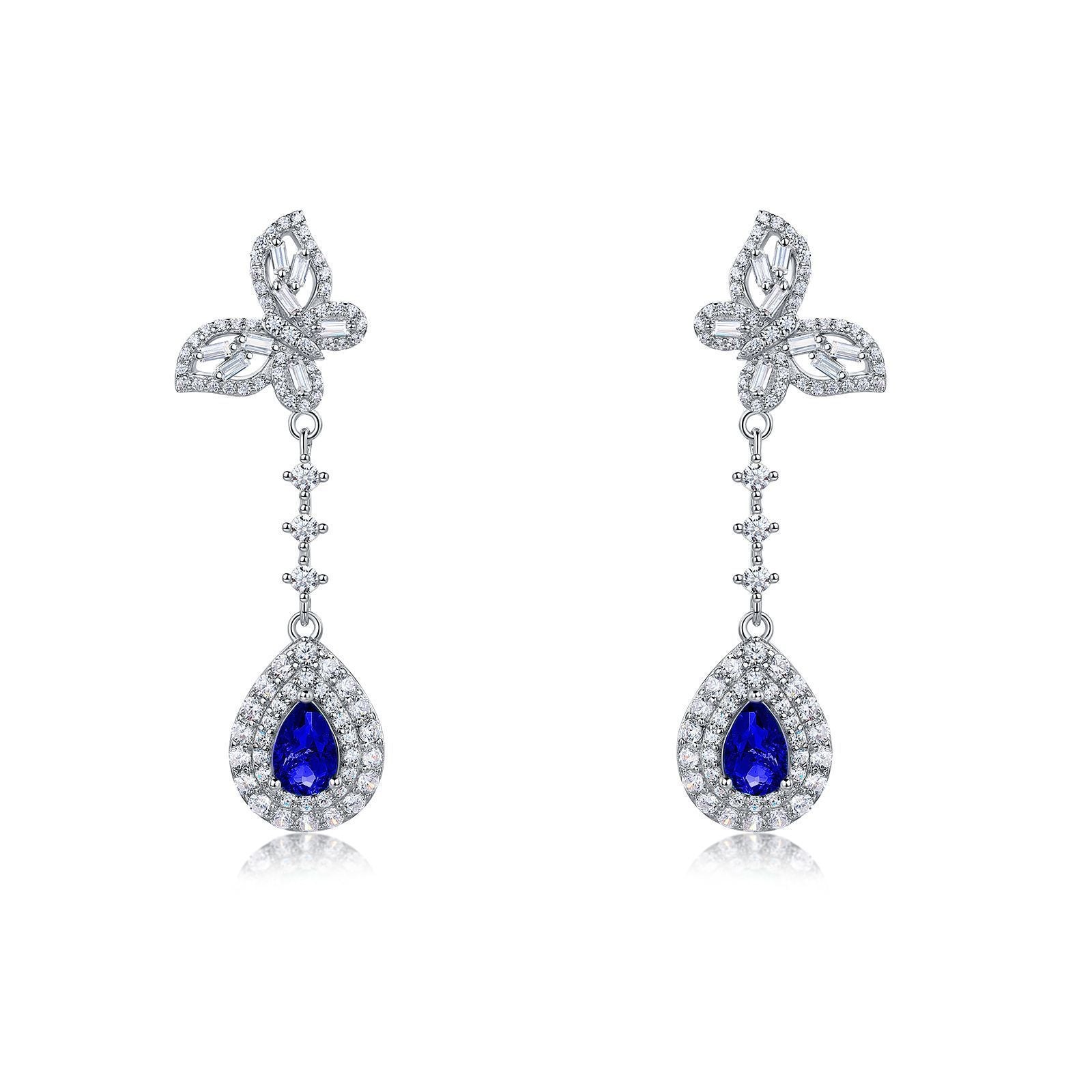 Lab Sapphire S925 Silver Butterfly Stud Earrings, Vintage Premium Princess - Photo 5
