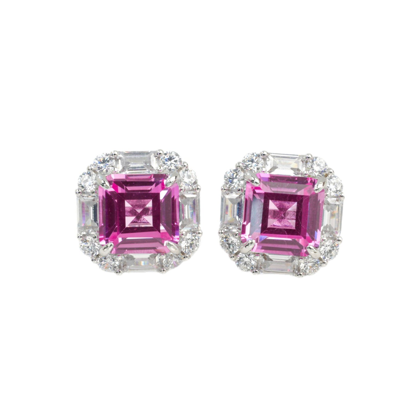 S925 Silver Lab Pink Sapphire Stud Earrings Full Diamond Halo, Anniversary Gentle Versatile - Photo 5