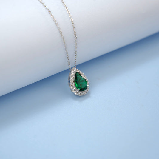 925 Sterling Silver Lab Emerald Teardrop Vintage Pendant Necklace, Stackable for Women - Photo 1