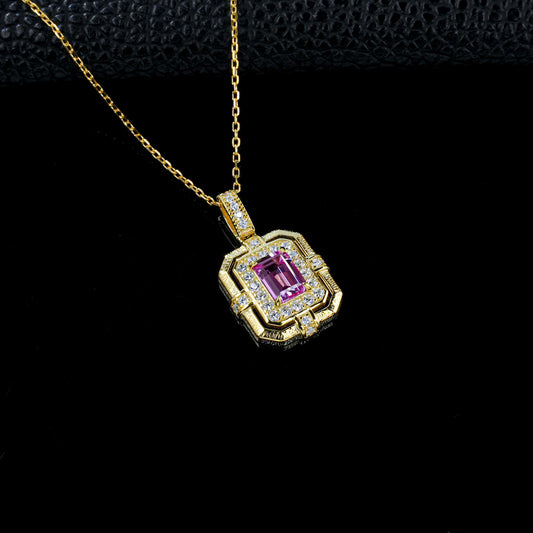 Vintage Palace Style Lab Pink Sapphire Square Plate Full Diamond Halo Necklace - Photo 3