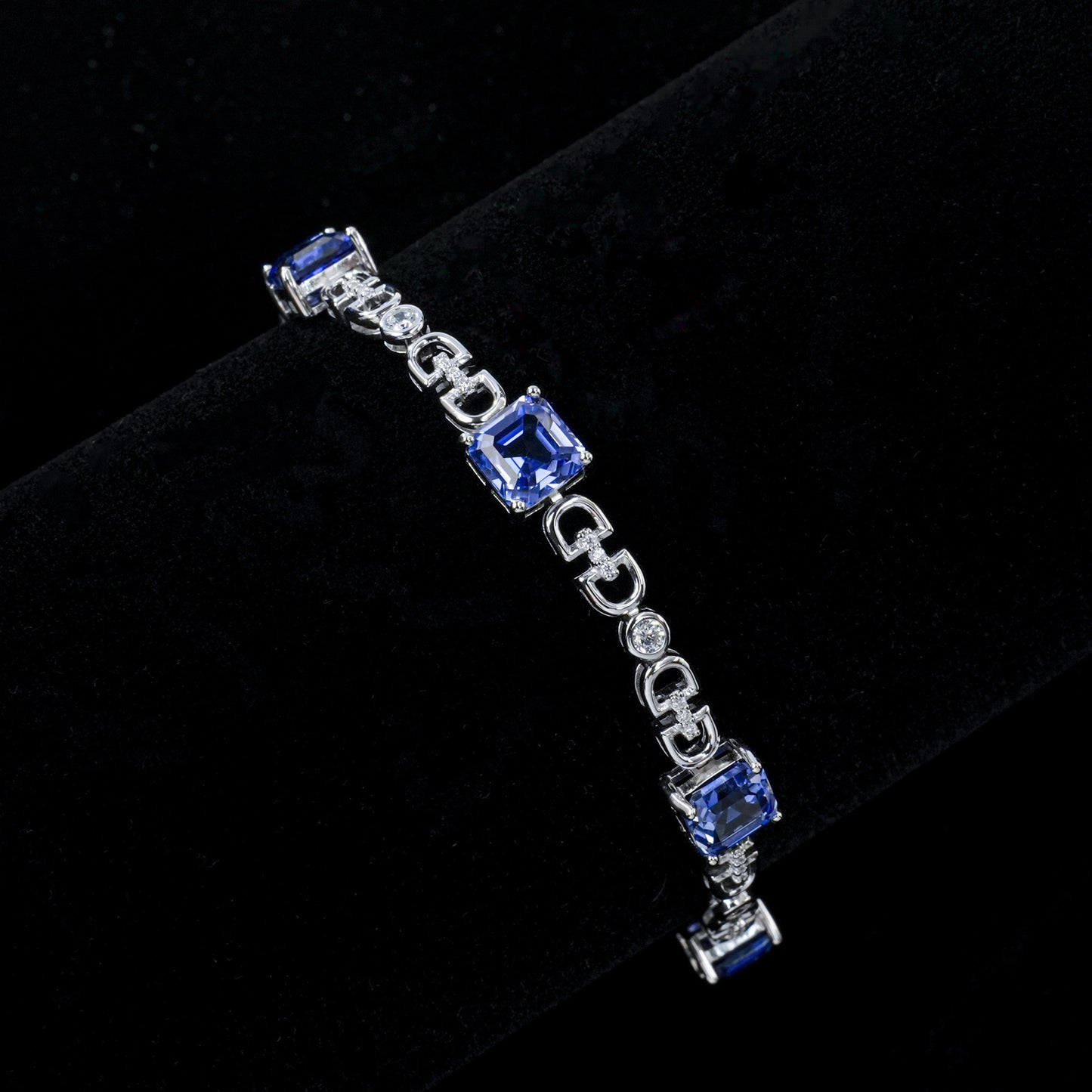 S925 Silver Square Cornflower Sapphire Bracelet, Geometric Chain Jewellery - Photo 2