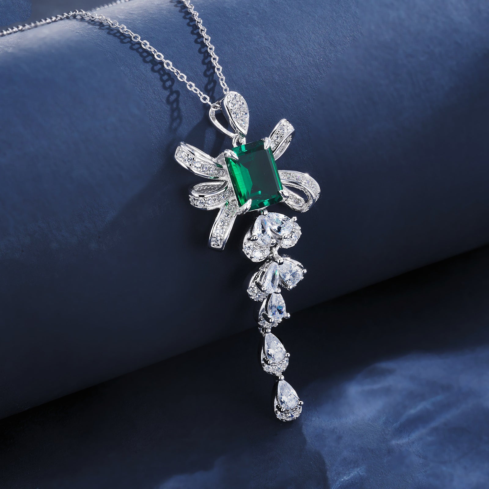 S925 Sterling Silver Lab Emerald Bowknot Tassel Teardrop Necklace, for Women - Photo 4