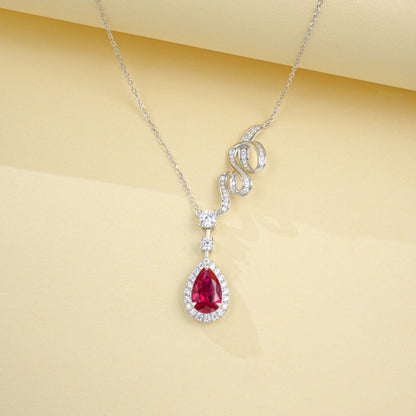 S925 Silver Twisted Diamond Chain Teardrop Lab Ruby Pendant Necklace - Photo 3