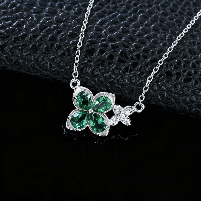 S925 Silver Lab Emerald Four-Petal Flower Necklace, Green Gemstone Butterfly - Photo 2