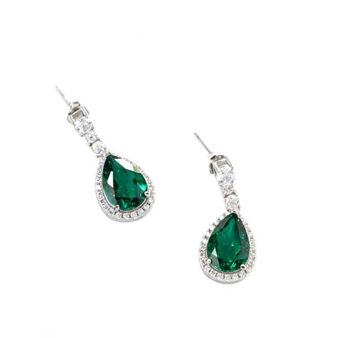 S925 Silver Teardrop Lab Emerald Diamond Halo Earrings, Evening Wedding Elegant - Photo 1