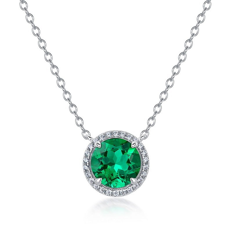 S925 Silver Lab Emerald Necklace Round Premium - Photo 4