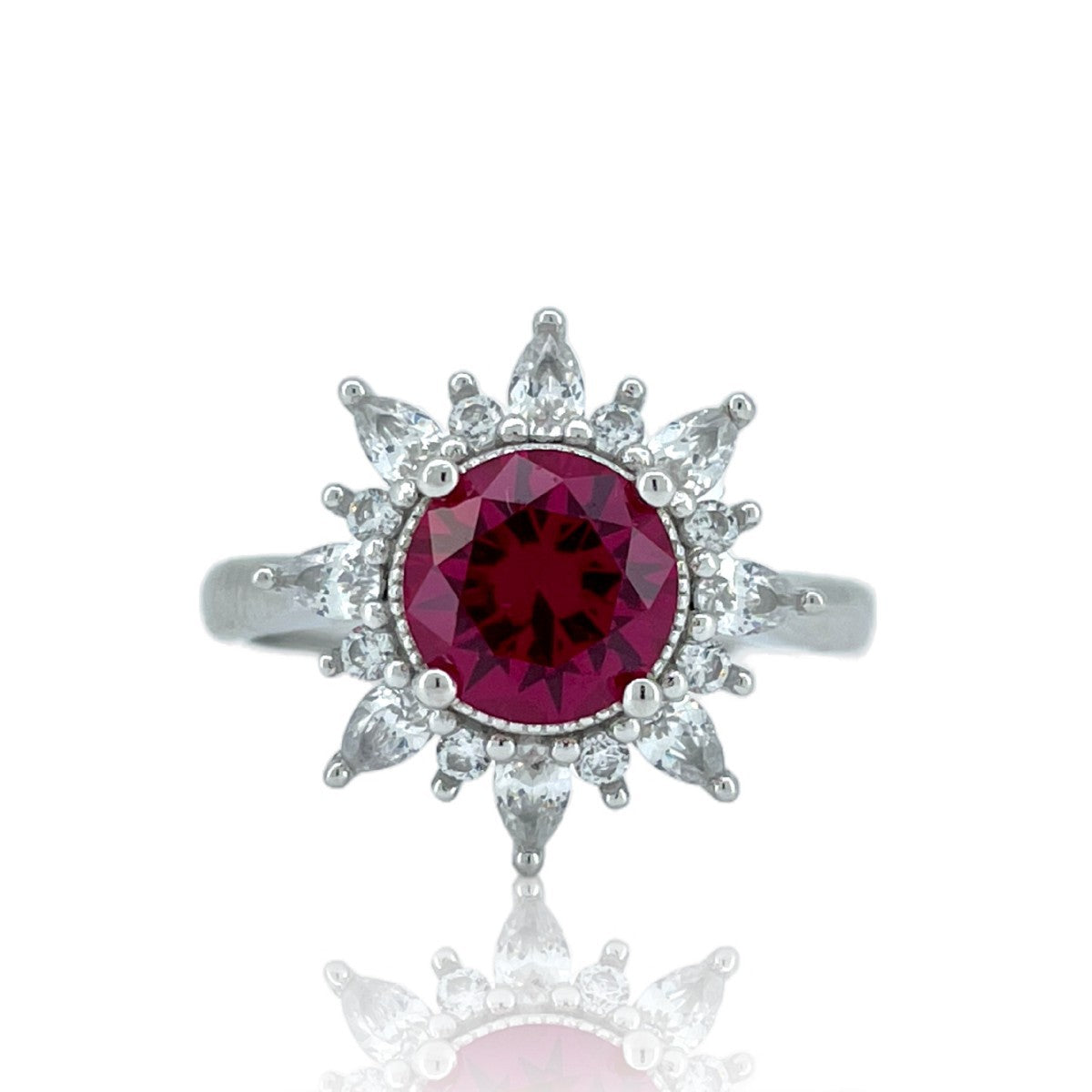 S925 Sterling Silver Lab Ruby Sunflower Open Ring, Versatile Premium - Photo 5