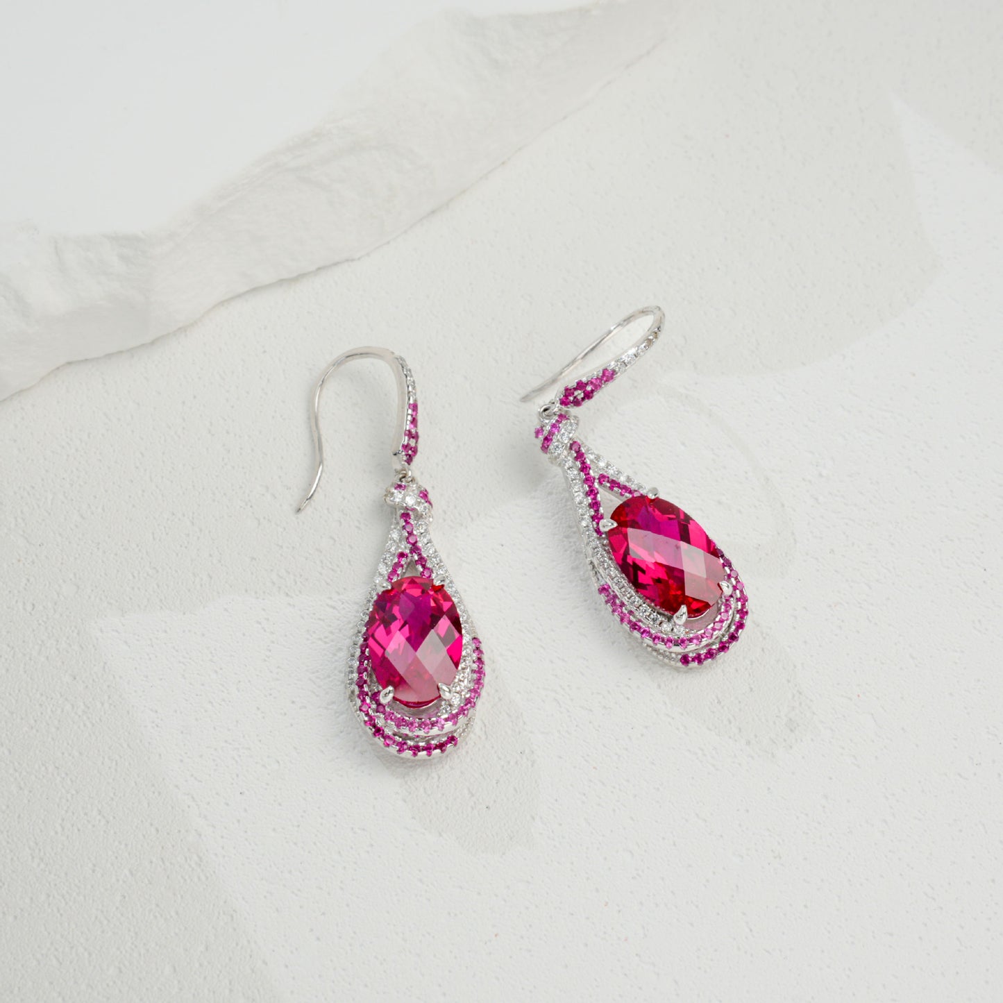 S925 Silver Ruby Colour Teardrop Hollow Drop Earrings, Vintage Premium Gift - Photo 3
