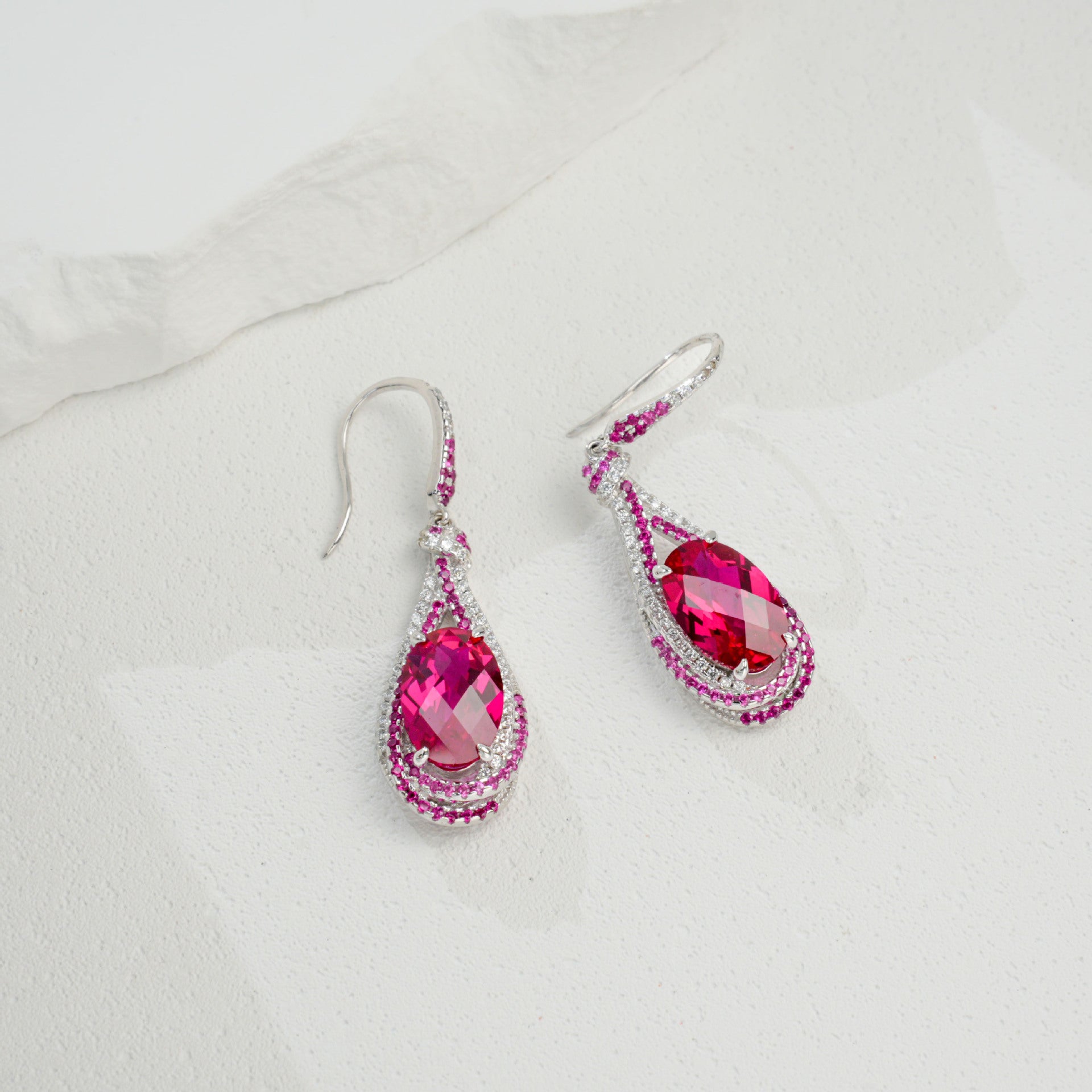 S925 Silver Ruby Colour Teardrop Hollow Drop Earrings, Vintage Premium Gift - Photo 3