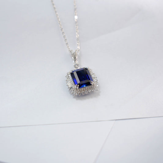 S925 Sterling Silver Lab Royal Blue Square Gemstone Pendant Choker, Premium - Photo 3