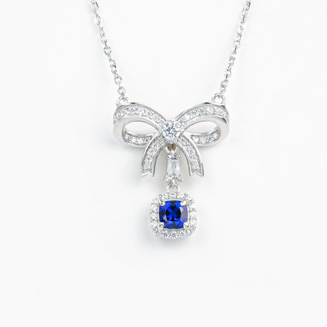 925 Sterling Silver Lab Sapphire Bowknot Cushion Pave Choker Necklace, Premium - Photo 1