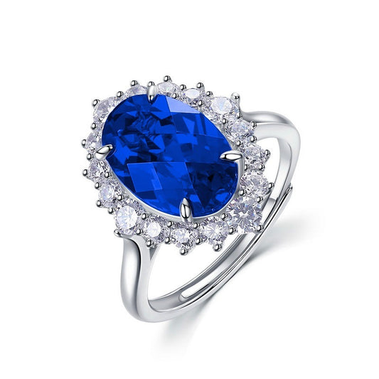 S925 Silver Oval Lab Sapphire Sunflower Staggered Halo Ring, Birthday Anniversary Gift - Photo 5