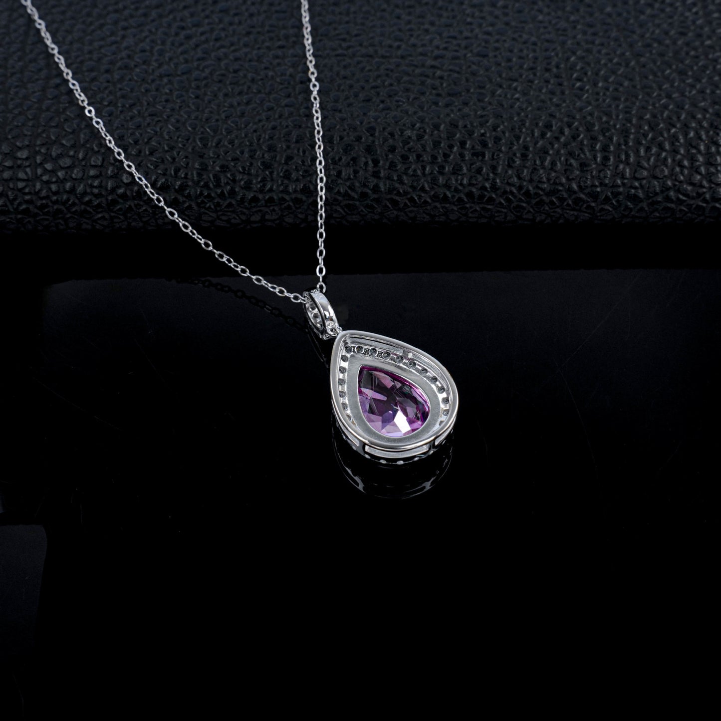 S925 Silver Pear Teardrop Lab Pink Gemstone Full-Halo Pendant Necklace, Birthday Gift - Photo 4