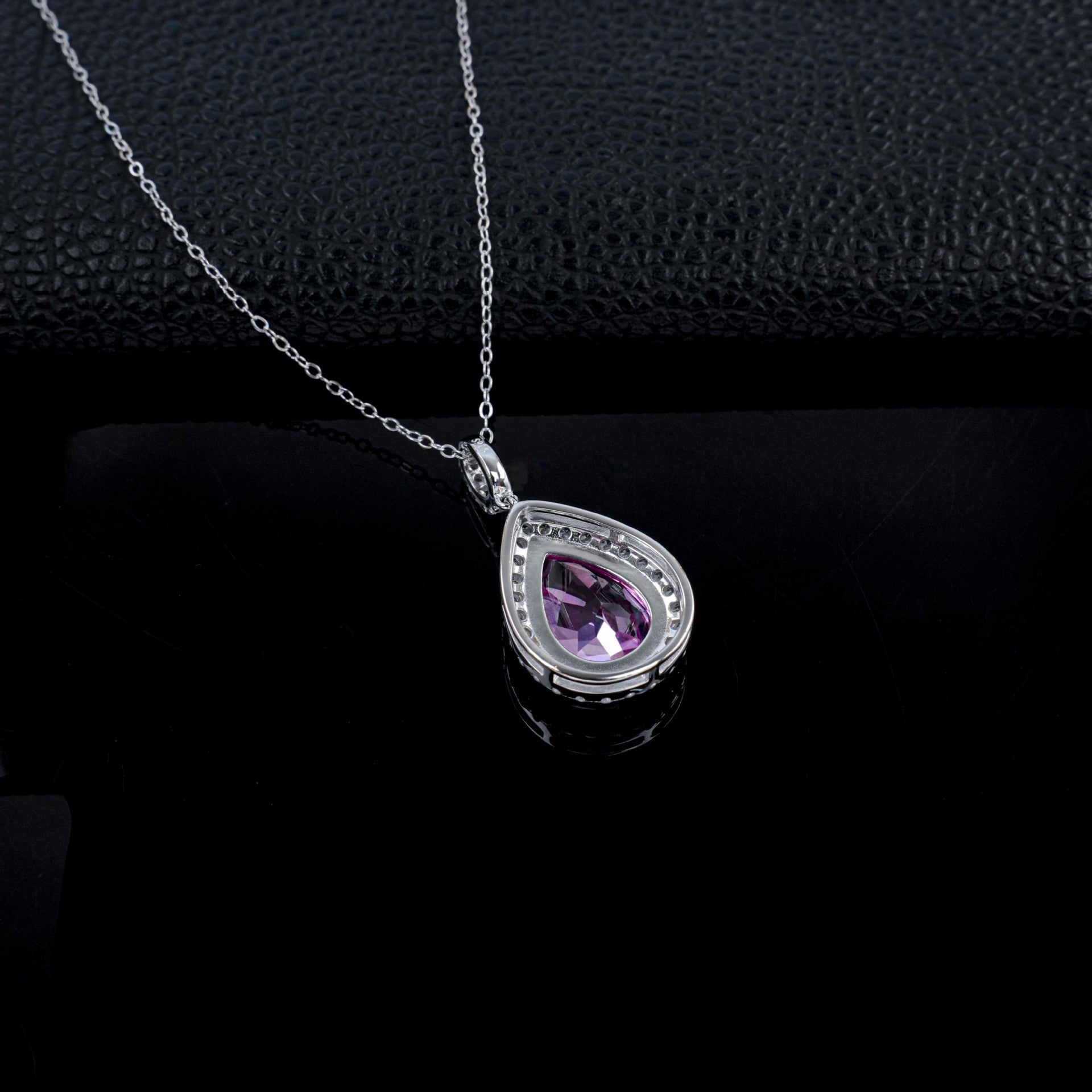 S925 Silver Pear Teardrop Lab Pink Gemstone Full-Halo Pendant Necklace, Birthday Gift - Photo 4